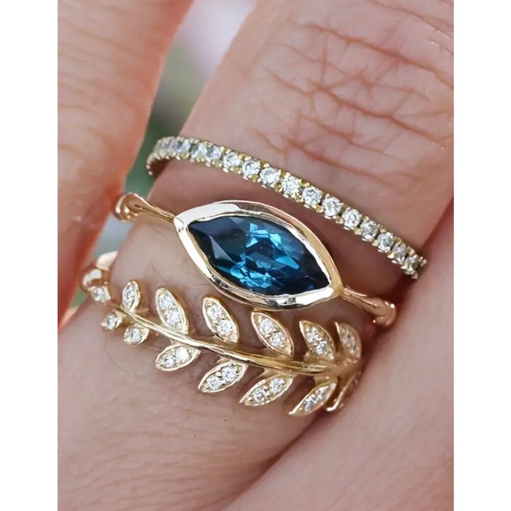 3PC Fashion Ring Set - Minimalist Leaf, Pavé, & Marquise Stack - Size 8